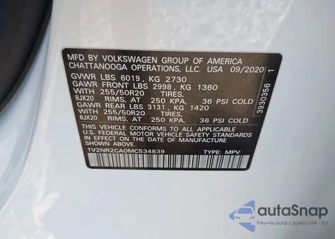 2021 Volkswagen Atlas 3.6L V6 Se W/Technology R-Line из США, поврежденный, VIN 1V2NR2CA0MC534839